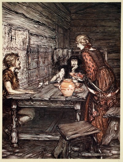 Hunding entdeckt die Ähnlichkeit zwischen Siegmund und Sieglinde von Arthur Rackham