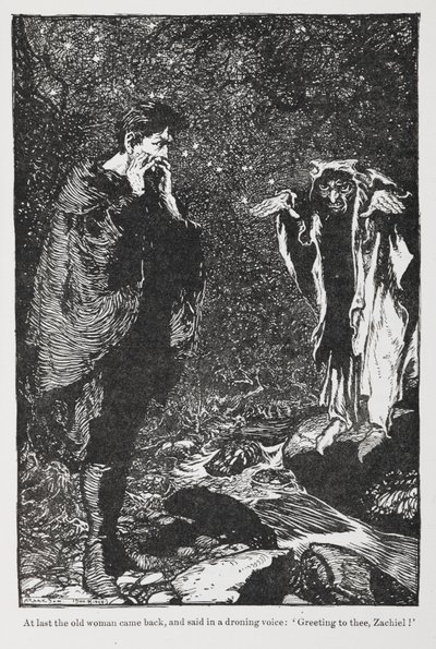 Illustration aus Jorinde und Joringel von Zachiel und der alten Frau. von Arthur Rackham
