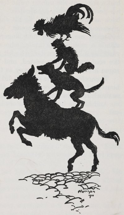 Illustration der Bremer Stadtmusikanten mit einem Esel, Hund, Katze und Hahn von Arthur Rackham