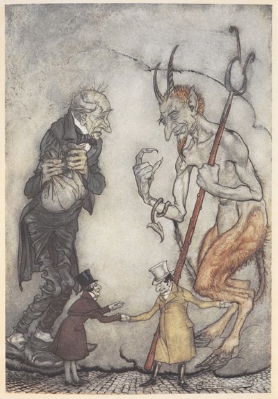 Illustration von Scrooge und dem Teufel mit zwei kleinen Männern darunter von Arthur Rackham