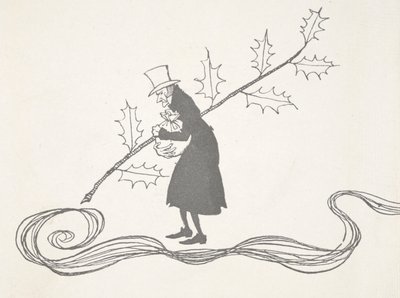 Illustration von Scrooge, dargestellt mit einem Stechpalmenzweig, der eine Geldtasche hält und wütend aussieht. von Arthur Rackham
