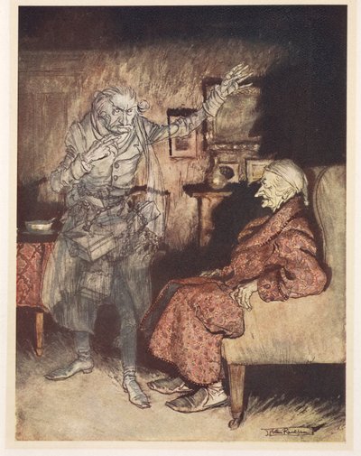 Illustration von Scrooge mit dem Geist der vergangenen Weihnacht von Arthur Rackham