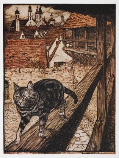 Illustration einer Katze, die auf einem Zaun entlangläuft, aus Die Katze und die Maus in Partnerschaft von Arthur Rackham