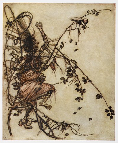 Illustration eines Mannes, der in Dornen gefangen ist, aus Herzblatt Roland von Arthur Rackham
