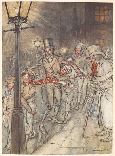 Illustration einer Straßenszene am Heiligabend mit Bob Cratchit und Kindern von Arthur Rackham