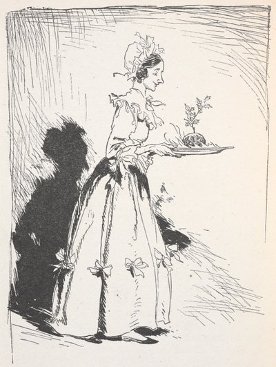 Illustration einer Frau, die einen Weihnachtskuchen trägt von Arthur Rackham