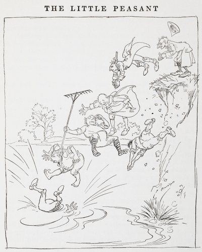 Illustration von Männern, die von einer Klippe in einen Teich springen, aus Die kleinen Bauern von Arthur Rackham