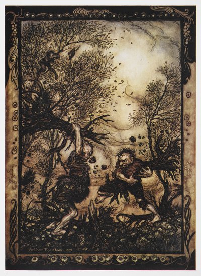 Illustration von zwei Riesen, die mit Bäumen kämpfen, aus Der tapfere Schneider von Arthur Rackham