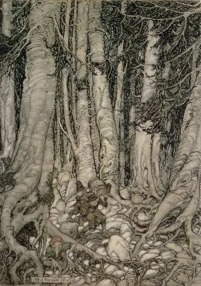 Im Wald mit einem Fass aus Rip Van Winkle, geschrieben von Washington Irving (1783-1859), 1905 von Arthur Rackham