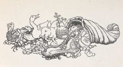 Gegenstände von einem Weihnachtsfest, die aus einem hornförmigen Behälter herausfallen. Dazu gehören ein Weihnachtskuchen, Würstchen, ein Truthahn, ein Schwein, eine Ente, ein Fasan, eine Pastete und Früchte. von Arthur Rackham