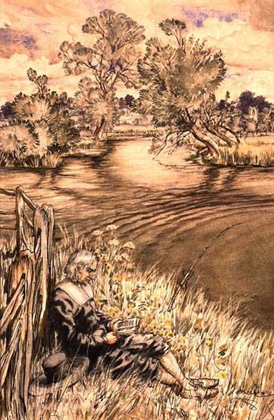 Izaak Walton lehnt an einem Zaun, eine Serie von Illustrationen aus Izaak Waltons 