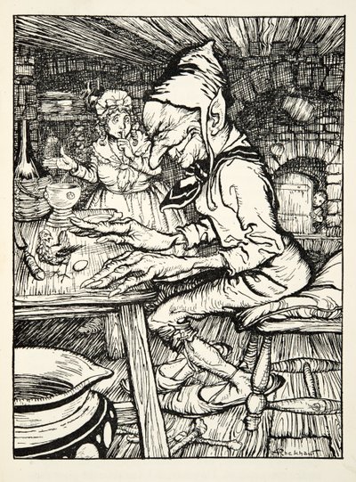 Leg!, brüllte der Riese und dann legte die Henne sofort ein Ei aus massivem Gold, aus The Arthur Rackham Fairy Book, veröffentlicht 1933 von Arthur Rackham