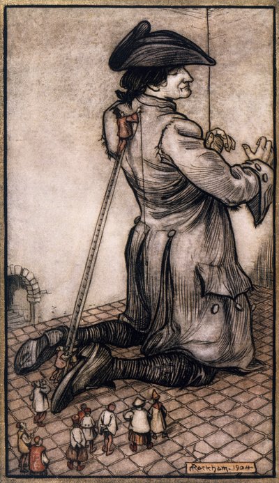 Liliputanische Schneider messen Gulliver für einen neuen Anzug, Illustration von Arthur Rackham (1867-1939) aus Gullivers Reisen von Jonathan Swift von Arthur Rackham