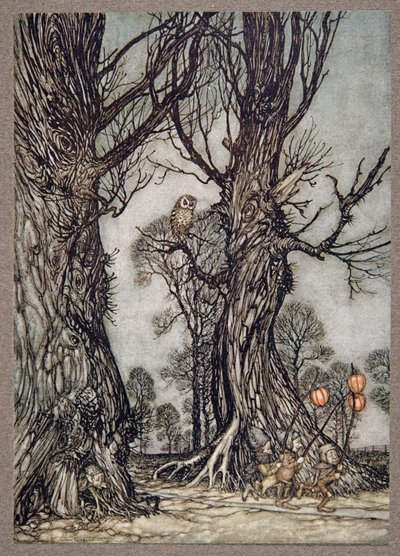 Fackelträger laufen vorneweg und tragen Winterkirschen, aus Peter Pan in Kensington Gardens von J M Barrie, veröffentlicht 1906 von Arthur Rackham