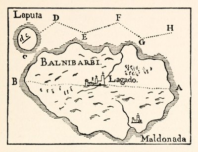 Karte von Laputa (fliegende Insel oben rechts) und Balnibarbii (Hauptstadt Maldonada), aus Teil III: Eine Reise nach Laputa, Balnibarbi, Luggnagg, Glubbdubdrib und Japan in Gullivers Reisen von Jonathan Swift von Arthur Rackham