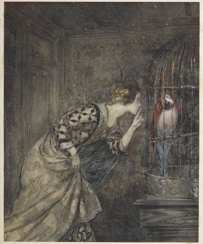 May Colvin und ein Papagei in einem Käfig. von Arthur Rackham