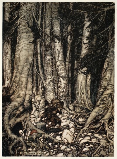 Sie halfen sich gegenseitig und kletterten eine enge Schlucht hinauf., aus Rip Van Winkle von Washington Irving, veröffentlicht 1910 von Arthur Rackham