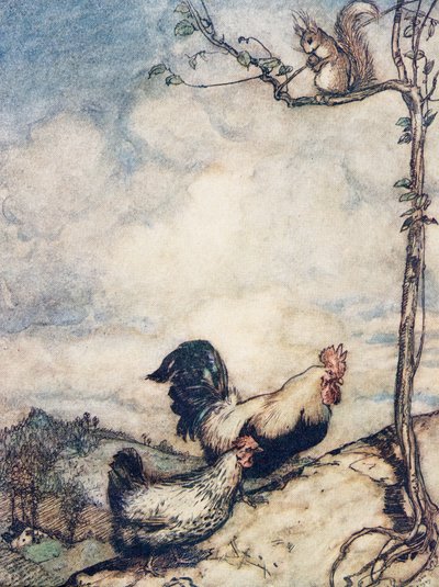Jetzt gehen wir den Hügel hinauf und haben ein gutes Fest, bevor das Eichhörnchen alle Nüsse wegträgt, aus Die Märchen der Brüder Grimm, veröffentlicht 1909 von Arthur Rackham