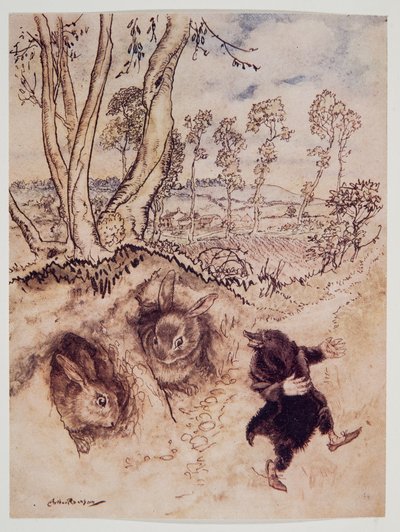Zwiebelsoße! Zwiebelsoße! bemerkte er spöttisch und war verschwunden, bevor sie eine Antwort finden konnten, aus Wind in den Weiden von Kenneth Grahame (1859 - 1932), veröffentlicht 1940 von Arthur Rackham