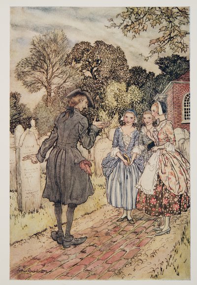 Zum Vergnügen alle Epitaphe auf den Grabsteinen rezitierend, aus Die Legende von Sleepy Hollow von Washington Irving (1783 - 1859), veröffentlicht 1928 von Arthur Rackham