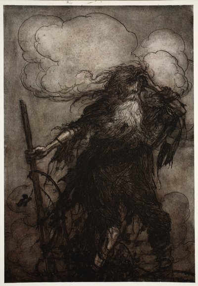 Rip wacht auf. Sicherlich, dachte er, habe ich nicht die ganze Nacht hier geschlafen? Oh! Dieser Krug! Dieser böse Krug! Welche Ausrede soll ich Dame Van Winkle machen? aus Rip Van Winkle von Washington Irving, veröffentlicht 1910 von Arthur Rackham