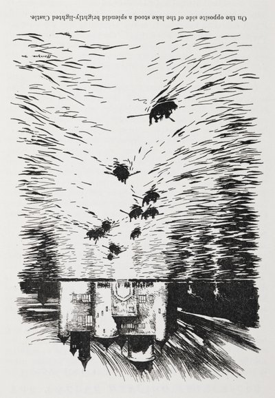 Ruderboote auf einem Fluss, die sich nachts einem Schloss nähern. von Arthur Rackham