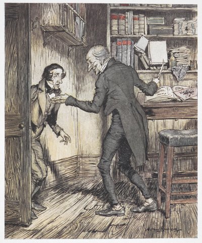 Scrooge schreibt in seinem Büro, als ein anderer Mann eintritt von Arthur Rackham