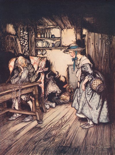 Sie bat ganz hübsch, dort übernachten zu dürfen. Illustration von Arthur Rackham aus Grimms Märchen, Die Hütte im Wald, veröffentlicht Ende des 19. Jahrhunderts. von Arthur Rackham