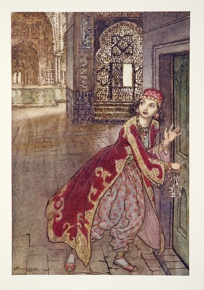 Sie nahm dann den kleinen Schlüssel und öffnete die Tür, zitternd, aus dem Arthur Rackham Märchenbuch, veröffentlicht 1933 von Arthur Rackham