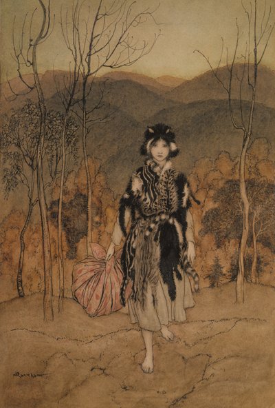Sie ging weiter, und ging weiter, und ging weiter, gekleidet in Katzenfell, Illustration aus Englische Märchen nacherzählt von F.A. Steel, veröffentlicht 1918 von Arthur Rackham