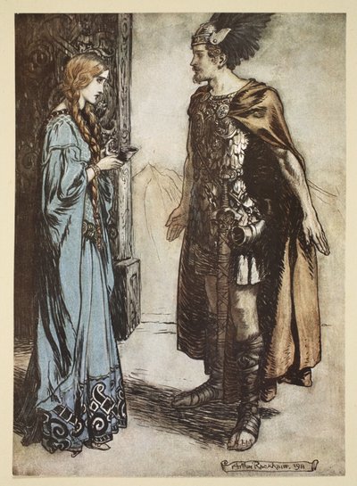 Siegfried gibt Gutrune das Trinkhorn zurück und blickt sie mit plötzlicher Leidenschaft an, Illustration aus 