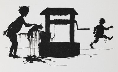 Silhouette eines Jungen, der eine Katze aus einem Brunnen zieht von Arthur Rackham