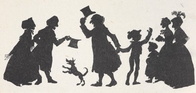 Silhouette eines Jungen und eines Mannes, die Leute auf dem Heimweg von der Kirche begrüßen von Arthur Rackham