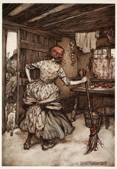 So dass er gezwungen war, seine Kräfte zurückzuziehen und sich auf die Außenseite des Hauses zu begeben - die einzige Seite, die in Wahrheit dem unterdrückten Ehemann gehört., aus Rip Van Winkle von Washington Irving, veröffentlicht 1910 von Arthur Rackham