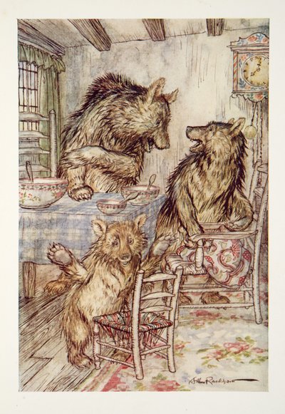 Jemand hat in meinem Stuhl gesessen und hat den Boden durchgesessen! sagte der kleine, kleine, kleine Bär, aus The Arthur Rackham Fairy Book, veröffentlicht 1933 von Arthur Rackham