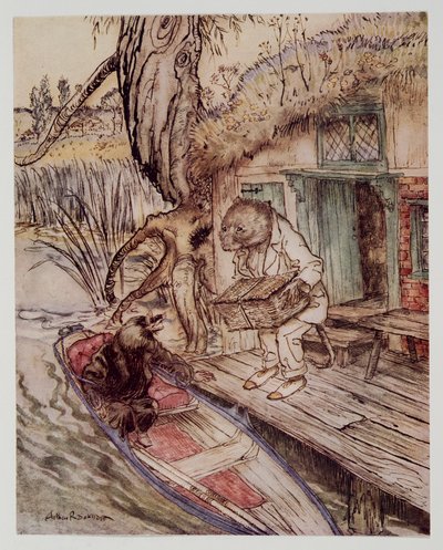 Schieb das unter deine Füße, bemerkte er zum Maulwurf, als er ins Boot stieg, aus Wind in den Weiden von Kenneth Grahame (1859 - 1932), veröffentlicht 1940 von Arthur Rackham