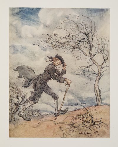 Entlang des Profils eines Hügels an einem windigen Tag (aus Die Legende von Sleepy Hollow von Washington Irving) von Arthur Rackham