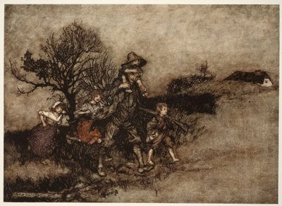 Umgeben von einer Schar von Kindern., aus Rip Van Winkle von Washington Irving, veröffentlicht 1910 von Arthur Rackham