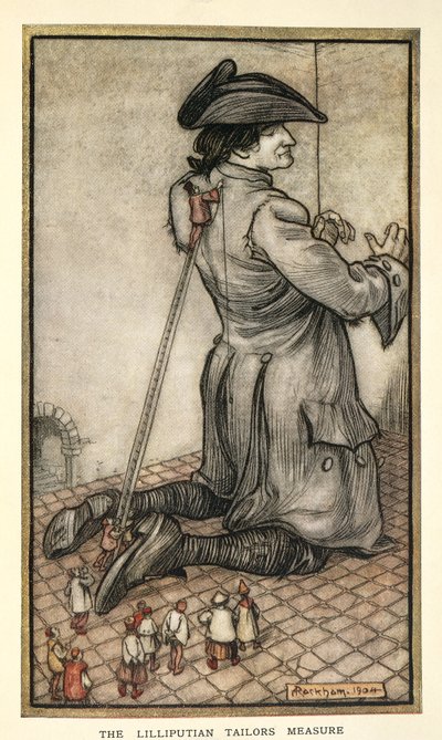 Schneider von Lilliput messen Gulliver, Illustration aus Gullivers Reisen von Jonathan Swift, von Arthur Rackham von Arthur Rackham