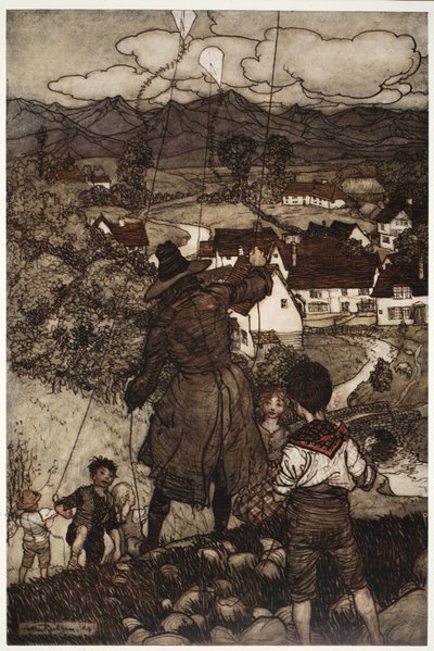 Sie lehrten sie, Drachen steigen zu lassen., aus Rip Van Winkle von Washington Irving, veröffentlicht 1910 von Arthur Rackham