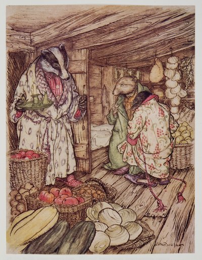 Die Wintervorräte des Dachses, die überall sichtbar waren, nahmen die Hälfte des Raumes ein, aus Wind in den Weiden von Kenneth Grahame (1859 - 1932), veröffentlicht 1940 von Arthur Rackham