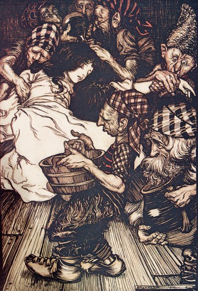Die Zwerge fanden Schneewittchen am Abend auf dem Boden liegend, aus Die Märchen der Brüder Grimm, veröffentlicht 1909 von Arthur Rackham