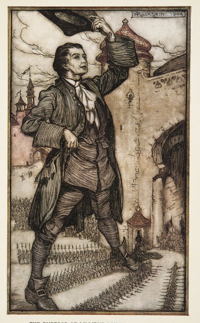 Der Kaiser von Lilliput inspiziert seine Truppen, aus Gullivers Reisen von Jonathon Swift, veröffentlicht 1909 von Arthur Rackham