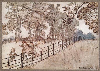 Der Buckel, der Teil des Broad Walk ist, wo alle großen Rennen stattfinden, aus Peter Pan in Kensington Gardens von J M Barrie, veröffentlicht 1906 von Arthur Rackham
