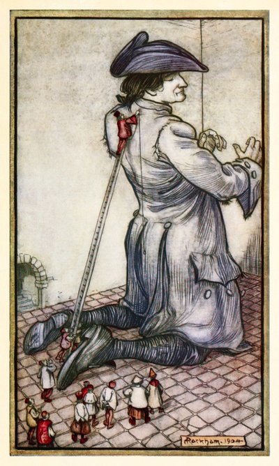 Die Lilliputanischen Schneider messen Gulliver für einen neuen Anzug, aus Teil I: Eine Reise nach Lilliput in Gullivers Reisen von Jonathan Swift von Arthur Rackham