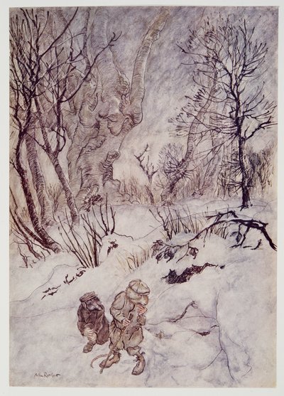Die Ratte überlegte eine Weile und untersuchte die Hügel und Hänge, die sie umgaben, aus Wind in den Weiden von Kenneth Grahame (1859 - 1932), veröffentlicht 1940 von Arthur Rackham