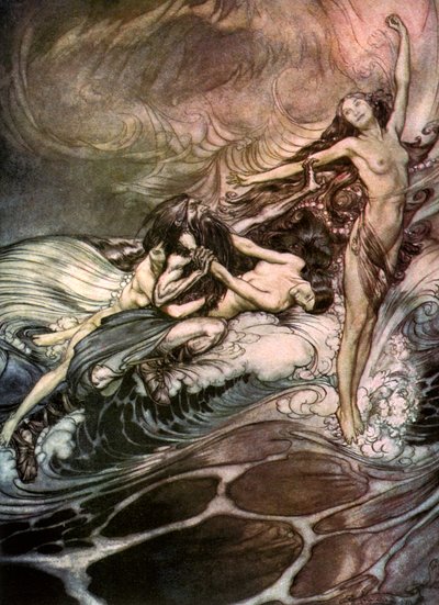 Die Rheintöchter erlangen den Ring und tragen ihn triumphierend davon, ca. 1911 von Arthur Rackham