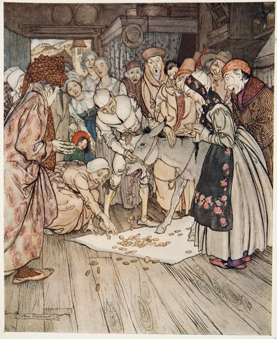 Der Tischlein-deck-dich, der Goldesel und der Knüppel aus dem Sack, aus Brüderchen & Schwesterchen und andere Märchen der Brüder Grimm, veröffentlicht 1917 von Arthur Rackham