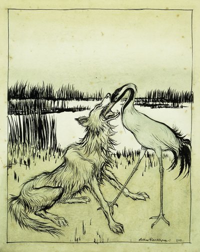 Der Wolf und der Kranich - Äsops Fabeln, 1912 von Arthur Rackham