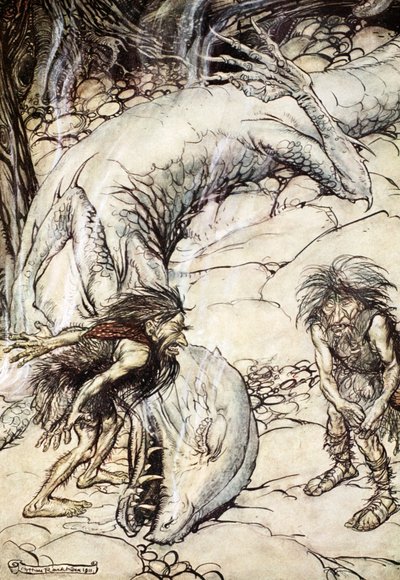 Die Zwerge streiten sich über den Körper von Fafner von Arthur Rackham